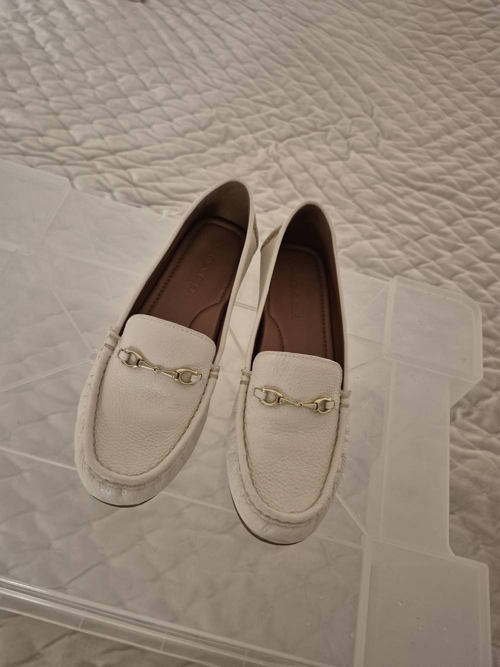 Cream Leather Coach Women’s Loafers with Gold Bit Hardware